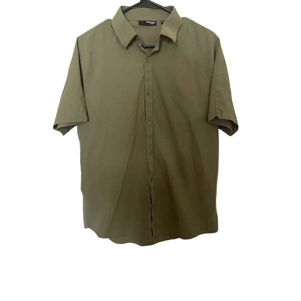 Murano Mens Green Slim Fit Collared Raglan Sleeve Curve Hem Button-Up ShirtโSz L